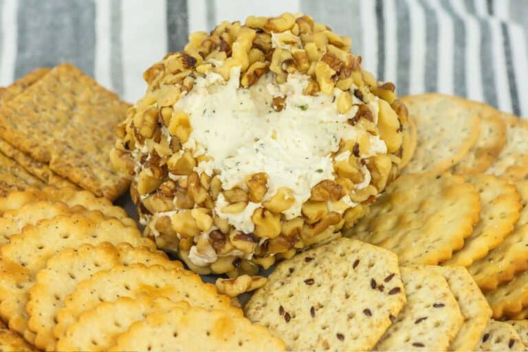 easy 3 ingredient cheese ball on a plate of crackers